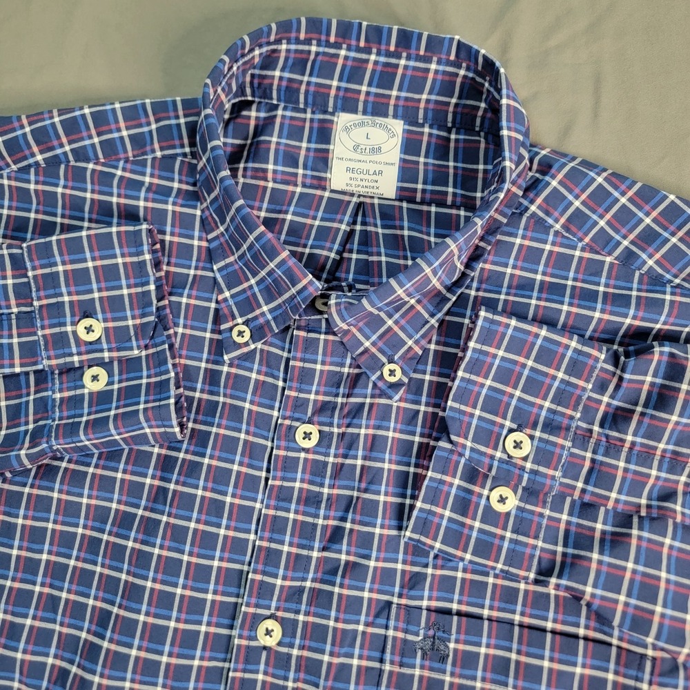 Brooks Brothers Button Down Long Sleeve Shirt Men's Large Navy Plaid Performance